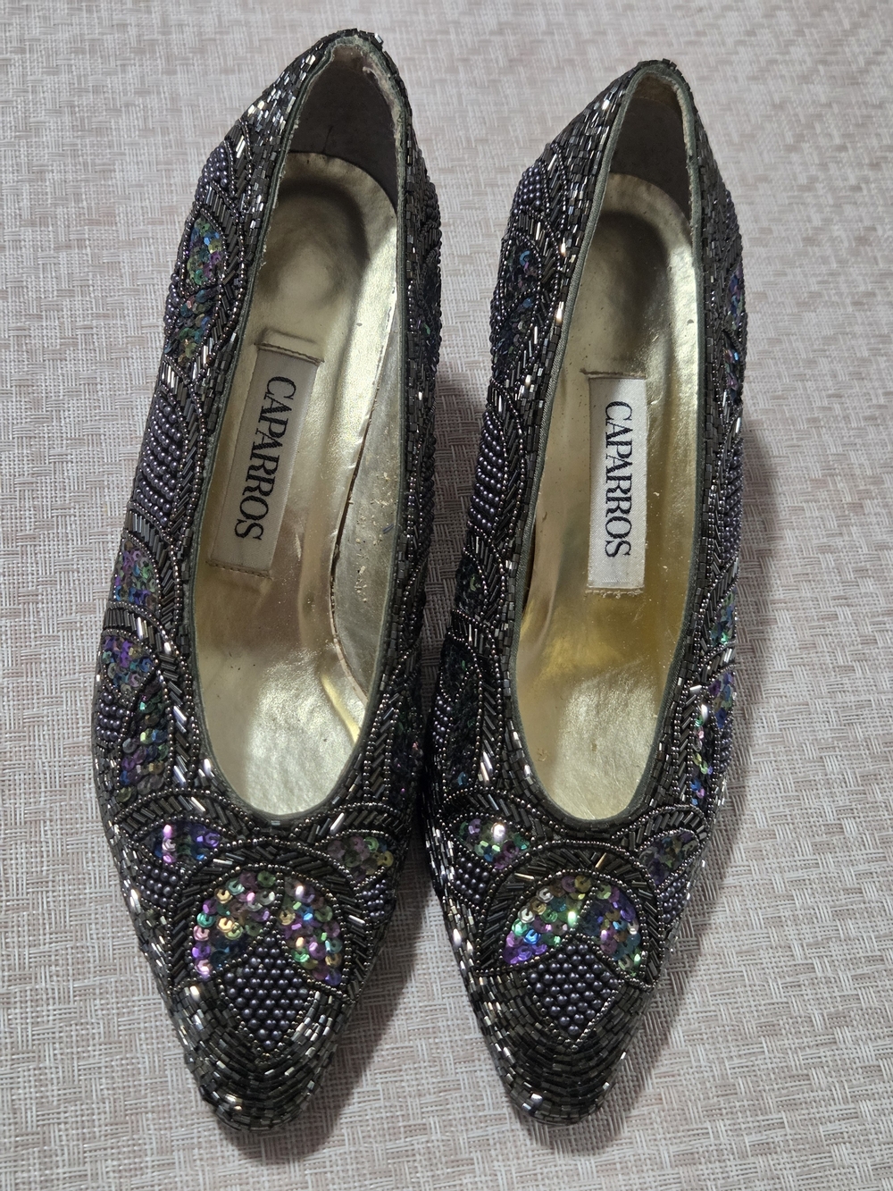 Vintage Caparros Black Beaded Sequin Heels Pumps EUC Box Size 8.5